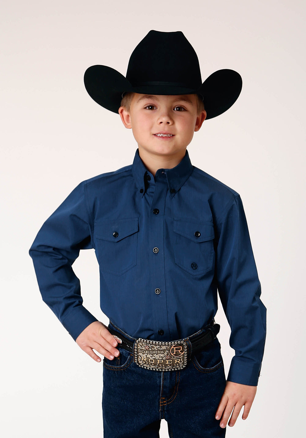 Roper Boys Long Sleeve Button Black Fill Solid Blue Western Shirt - Roper
