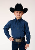 Roper Boys Long Sleeve Button Black Fill Solid Blue Western Shirt - Roper