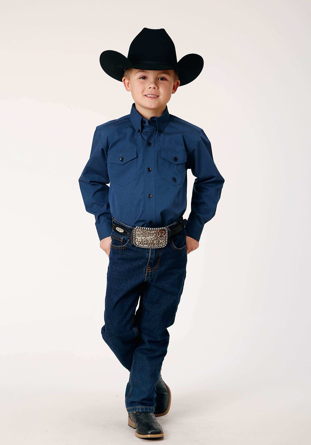 Roper Boys Long Sleeve Button Black Fill Solid Blue Western Shirt - Roper - Flyclothing LLC