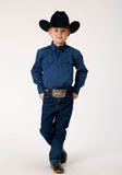Roper Boys Long Sleeve Button Black Fill Solid Blue Western Shirt - Roper