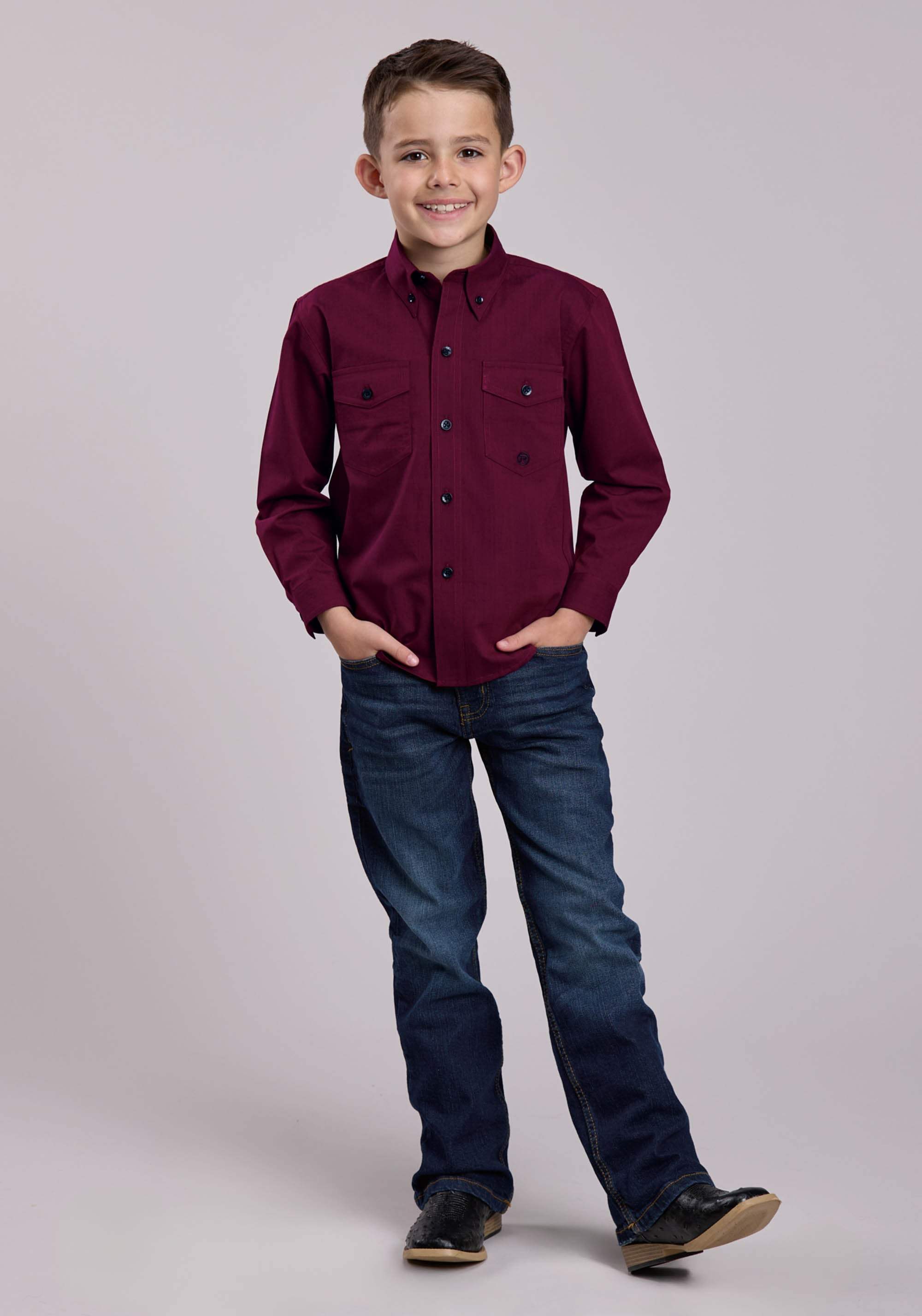 Roper Boys Long Sleeve Button Black Fill - Wine Western Shirt - Roper - Flyclothing LLC