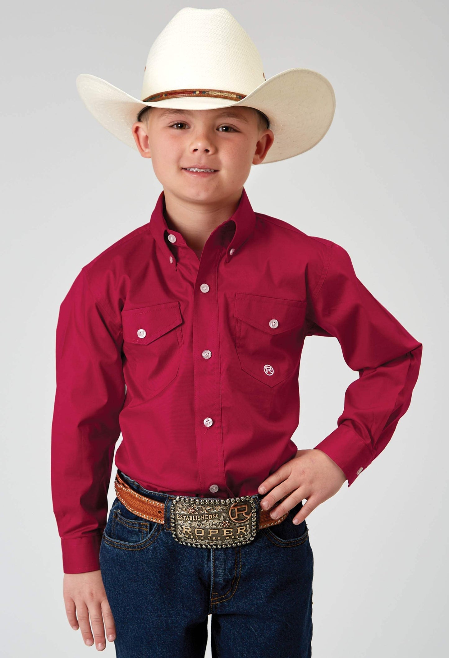 Roper Boys Long Sleeve Button Solid Poplin Stretch Red Western Shirt - Roper - Flyclothing LLC
