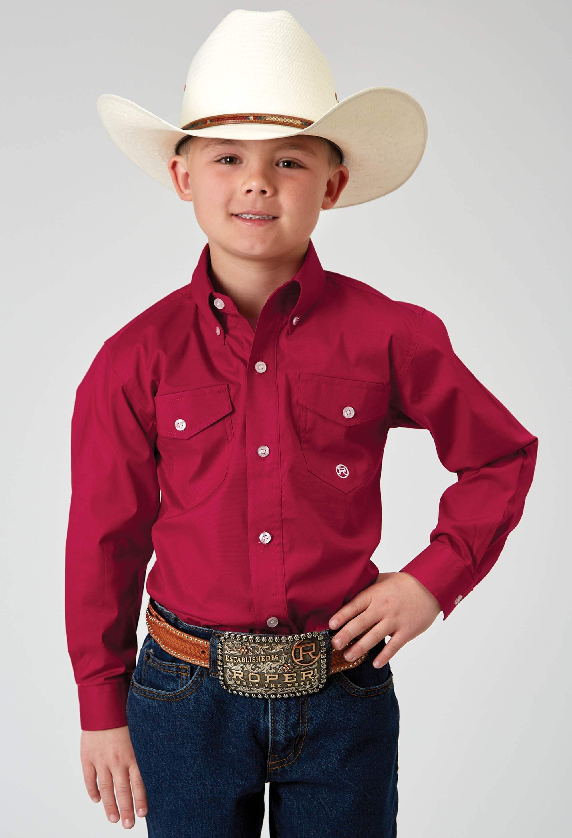 Roper Boys Long Sleeve Button Solid Poplin Stretch Red Western Shirt - Roper - Flyclothing LLC