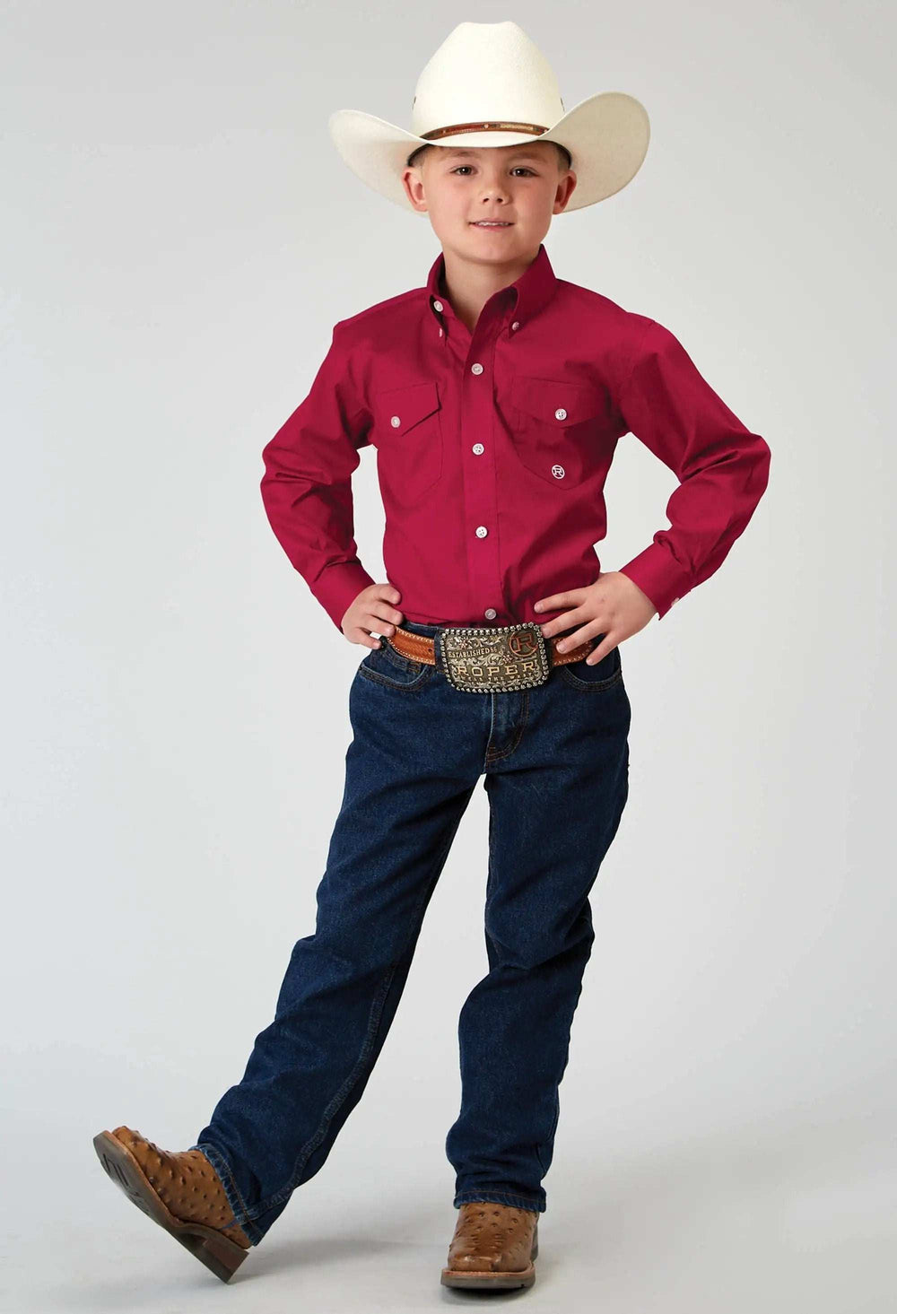 Roper Boys Long Sleeve Button Solid Poplin Stretch Red Western Shirt - Roper - Flyclothing LLC