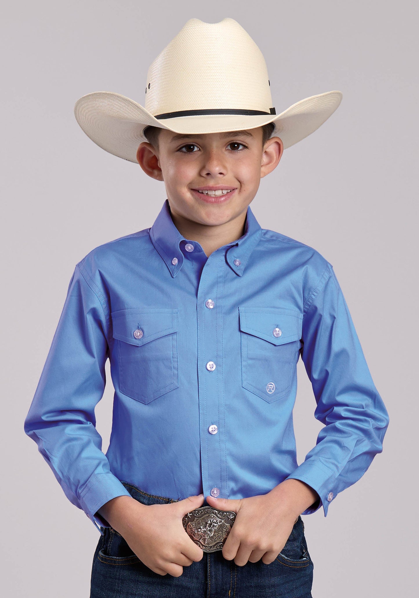 Boys Roper Solid Stretch Poplin Blue Long Sleeve Button Shirt