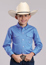 Boys Roper Solid Stretch Poplin Blue Long Sleeve Button Shirt