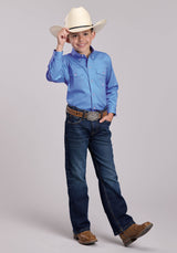 Boys Roper Solid Stretch Poplin Blue Long Sleeve Button Shirt