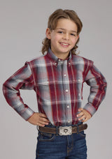 Roper Boys Wine And Smoke Plaid Long Sleeve Button Western Shirt