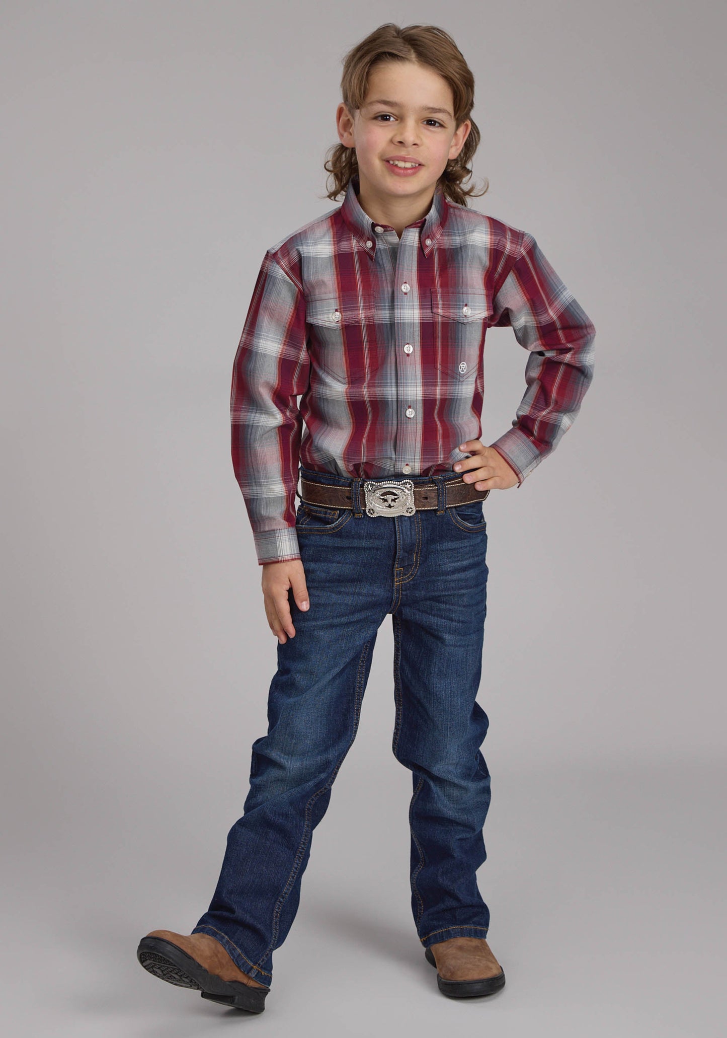 Roper Boys Wine And Smoke Plaid Long Sleeve Button Western Shirt