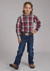 Roper Boys Wine And Smoke Plaid Long Sleeve Button Western Shirt