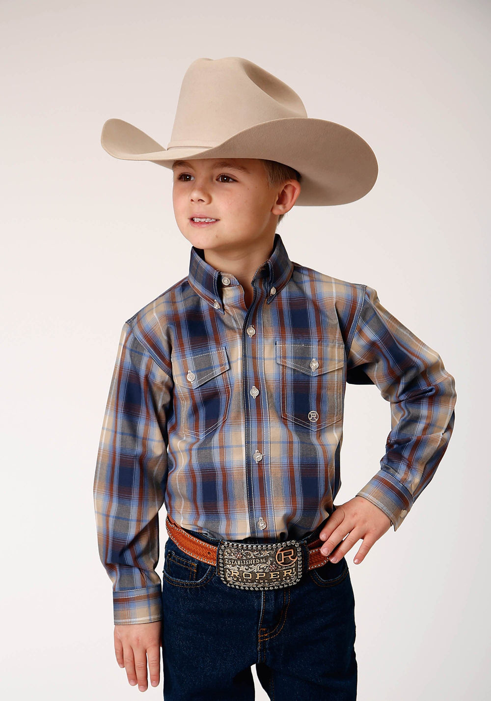 Roper Boys Long Sleeve Button Ranch Plaid Western Shirt - Roper