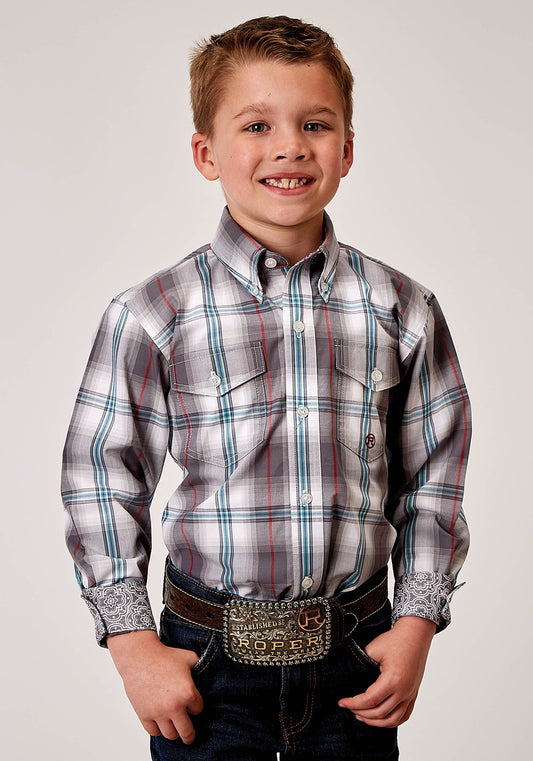 Roper Boys Long Sleeve Button Gray Cloud Plaid Western Shirt - Roper