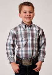 Roper Boys Long Sleeve Button Gray Cloud Plaid Western Shirt - Roper