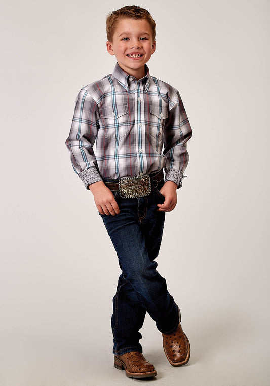 Roper Boys Long Sleeve Button Gray Cloud Plaid Western Shirt - Roper