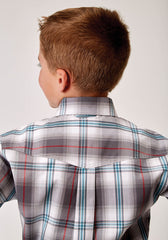 Roper Boys Long Sleeve Button Gray Cloud Plaid Western Shirt - Roper
