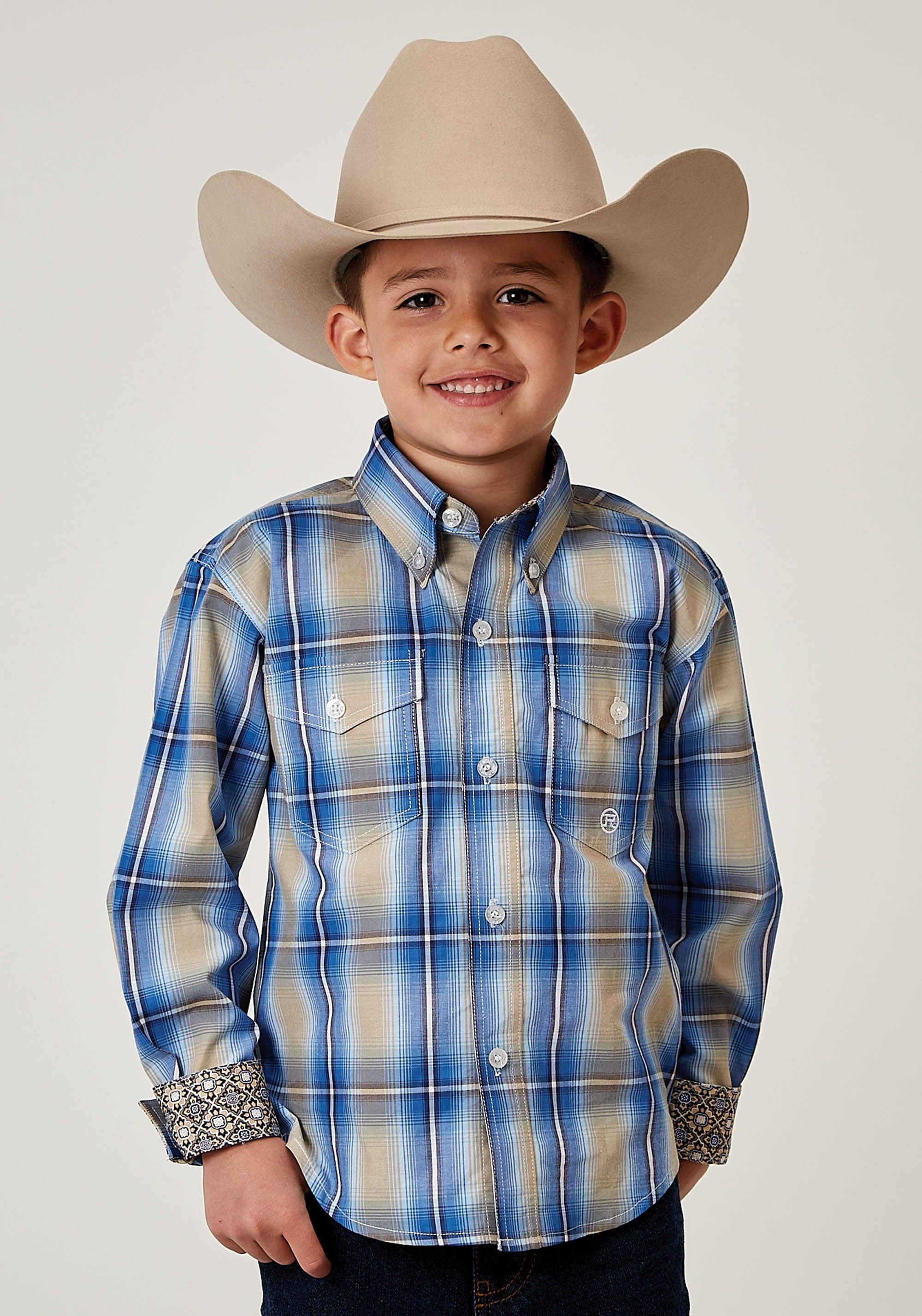 Roper Boys Long Sleeve Button Chicory Ombre Plaid Western Shirt - Roper