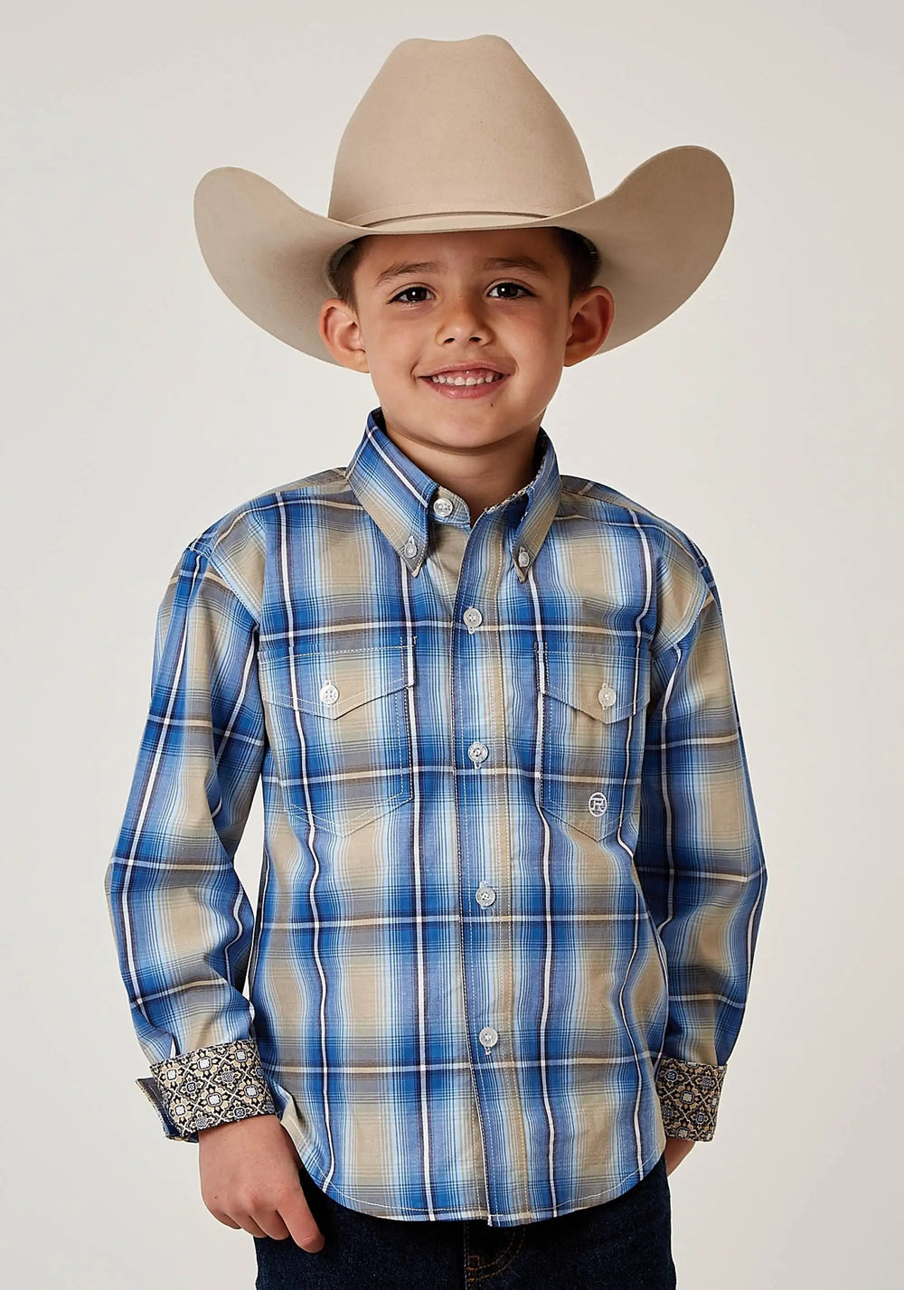 Roper Boys Long Sleeve Button Chicory Ombre Plaid Western Shirt - Roper