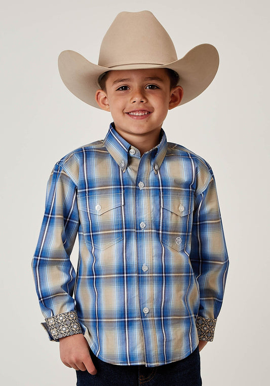 Roper Boys Long Sleeve Button Chicory Ombre Plaid Western Shirt - Roper