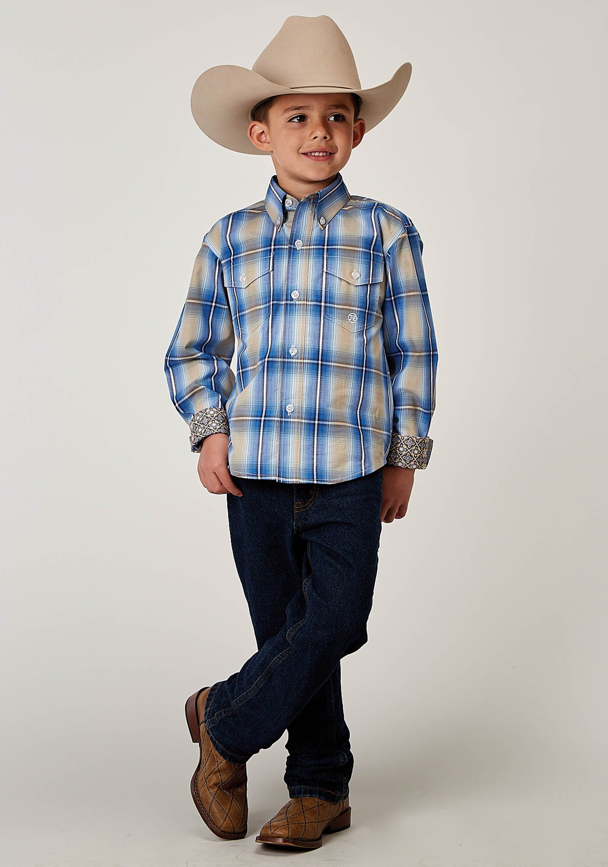 Roper Boys Long Sleeve Button Chicory Ombre Plaid Western Shirt - Roper