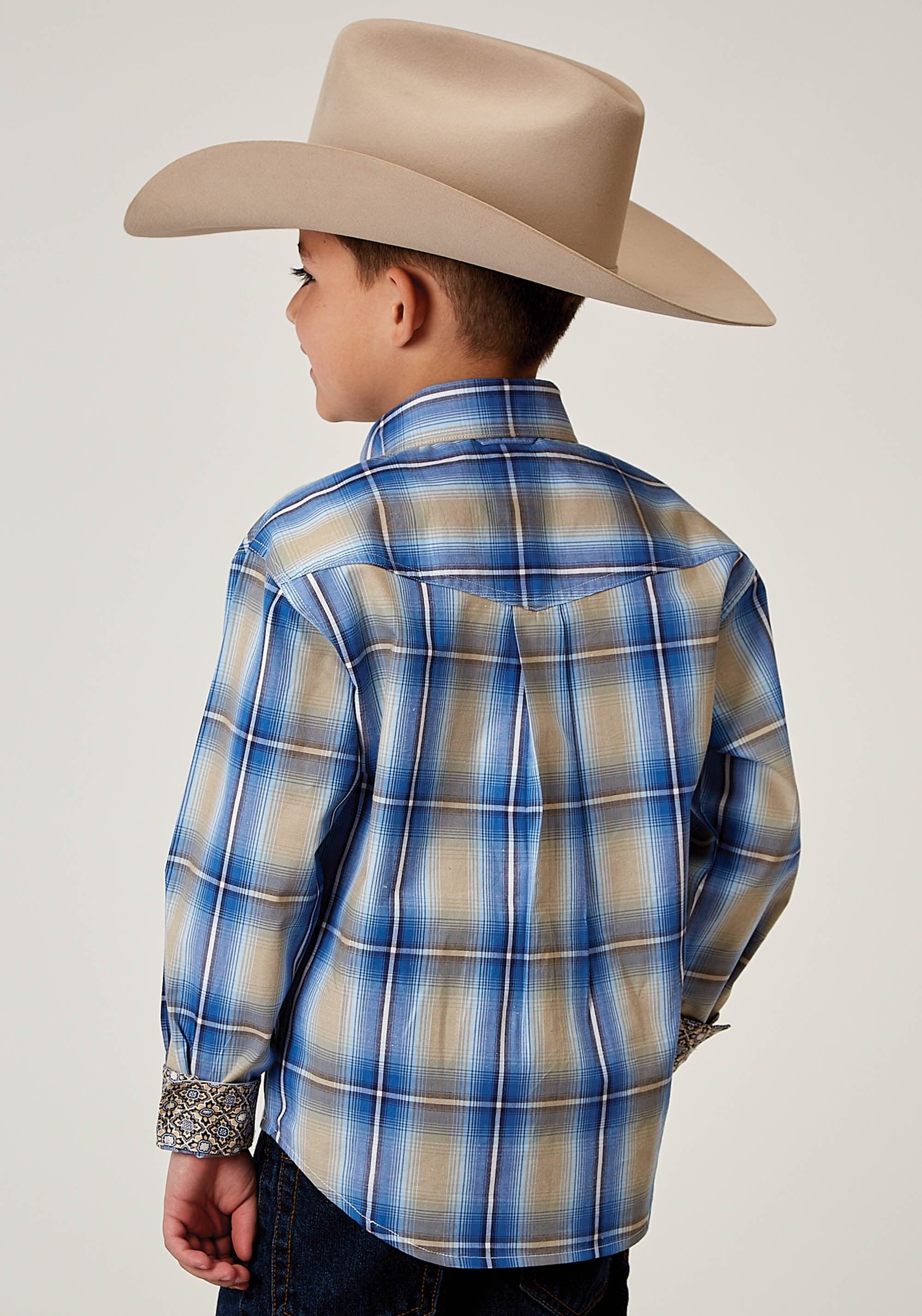 Roper Boys Long Sleeve Button Chicory Ombre Plaid Western Shirt - Roper