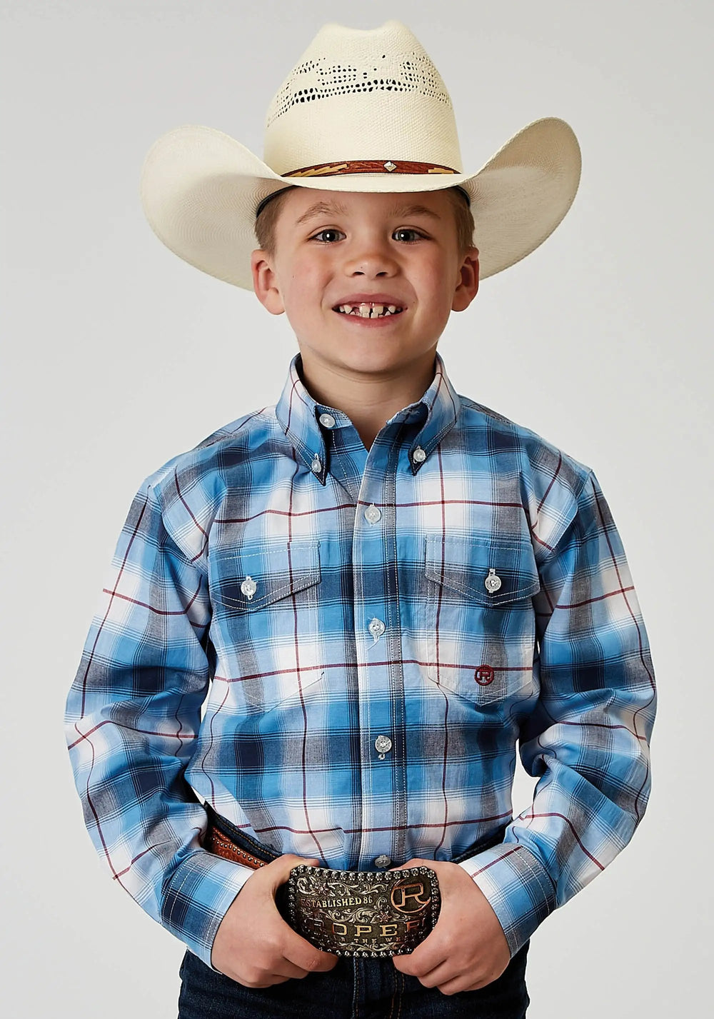 Roper Boys Long Sleeve Button Stretch Poplin Blue Plaid Western Shirt - Roper
