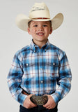Roper Boys Long Sleeve Button Stretch Poplin Blue Plaid Western Shirt - Roper