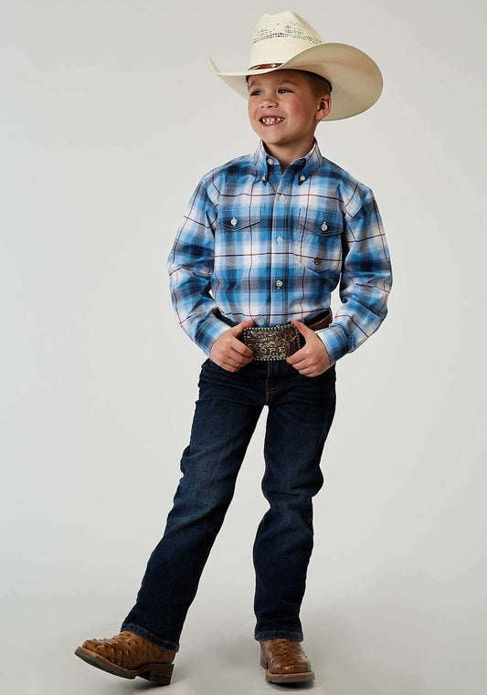 Roper Boys Long Sleeve Button Stretch Poplin Blue Plaid Western Shirt - Roper - Flyclothing LLC
