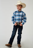 Roper Boys Long Sleeve Button Stretch Poplin Blue Plaid Western Shirt - Roper