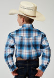 Roper Boys Long Sleeve Button Stretch Poplin Blue Plaid Western Shirt - Roper
