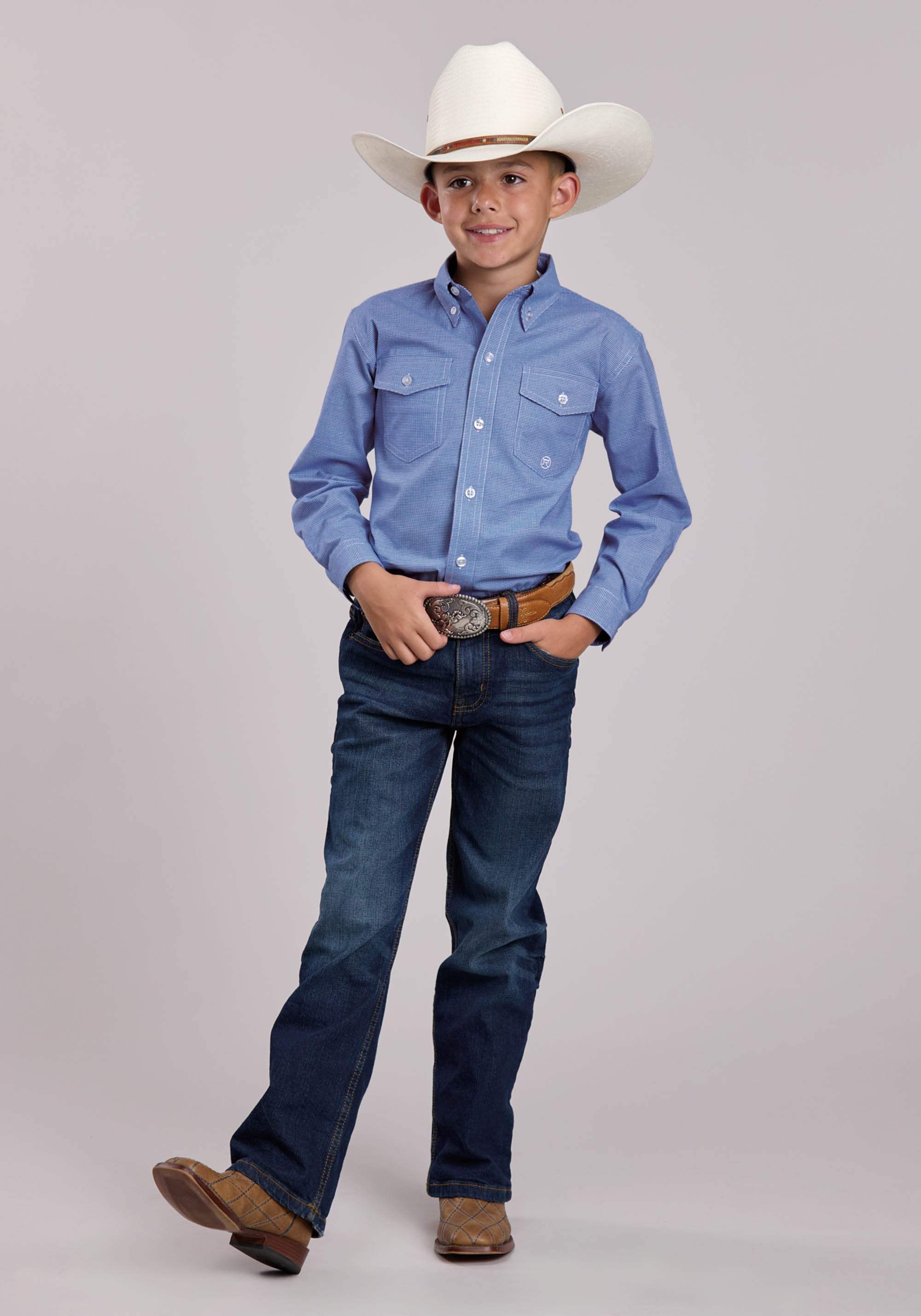 Boys Roper Stretch Mini Check Blue Long Sleeve Button Shirt - Roper - Flyclothing LLC