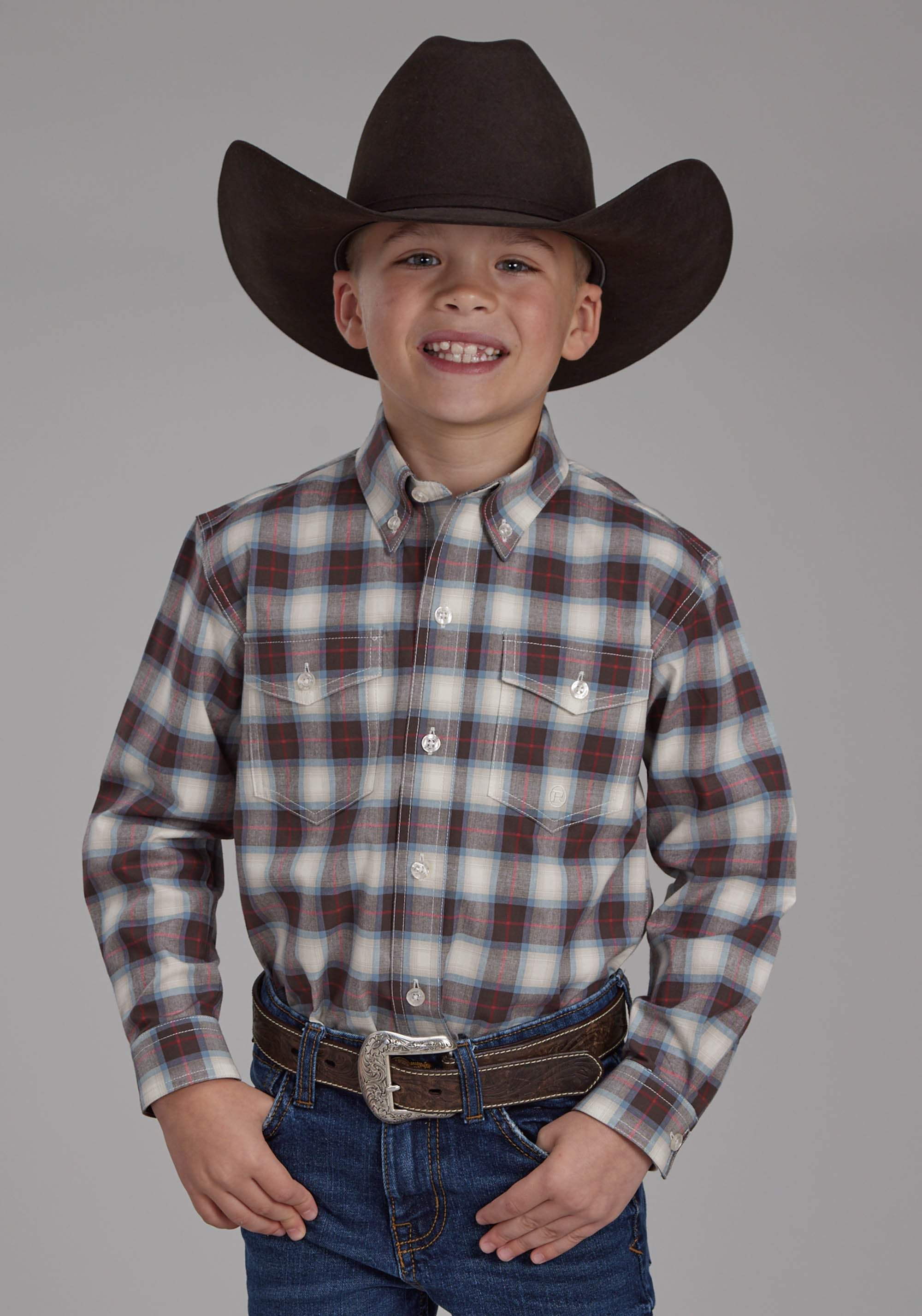 Roper Boys Stretch Plaid - Brown Long Sleeve Button Western Shirt - Roper - Flyclothing LLC