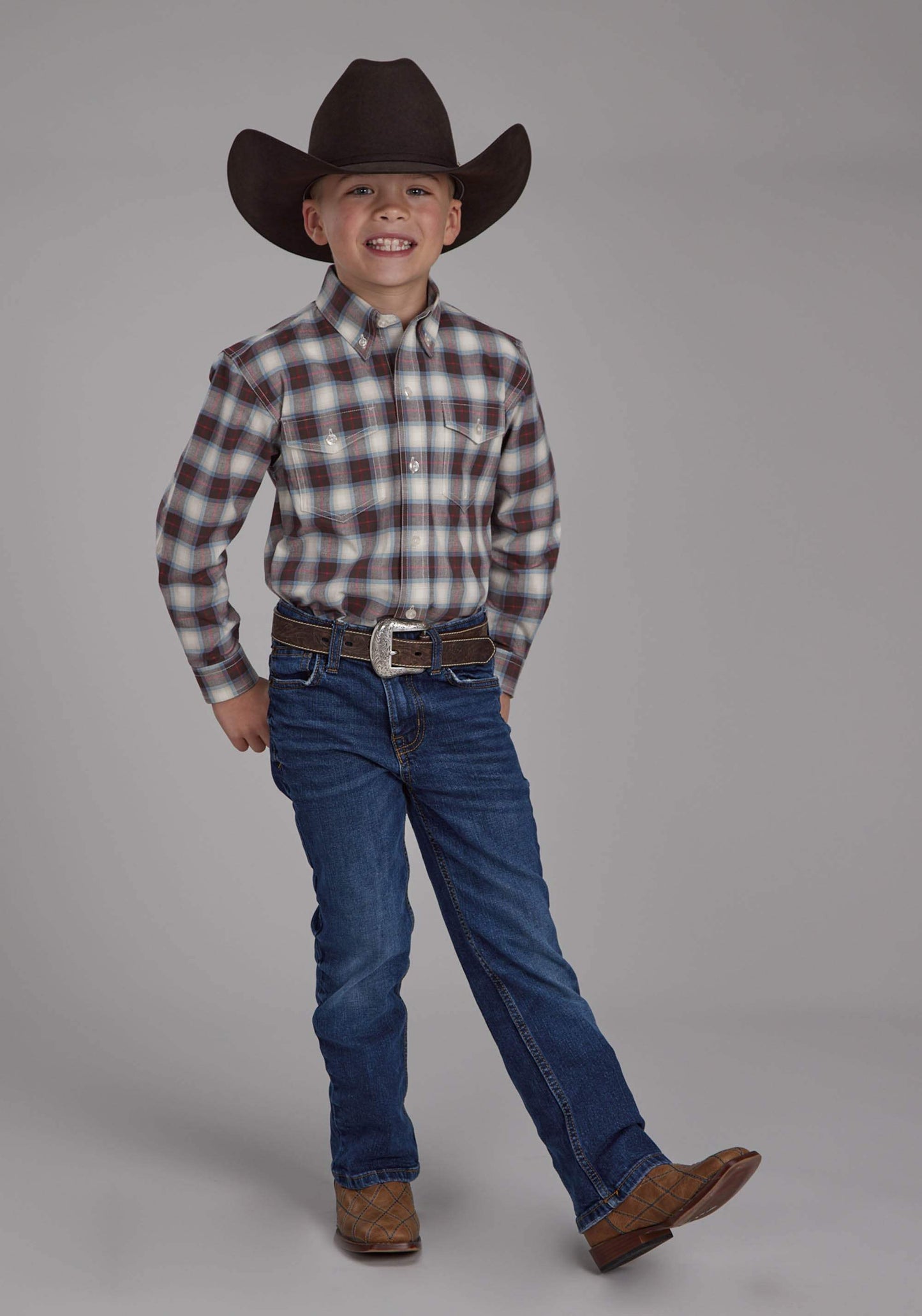Roper Boys Stretch Plaid - Brown Long Sleeve Button Western Shirt - Roper - Flyclothing LLC