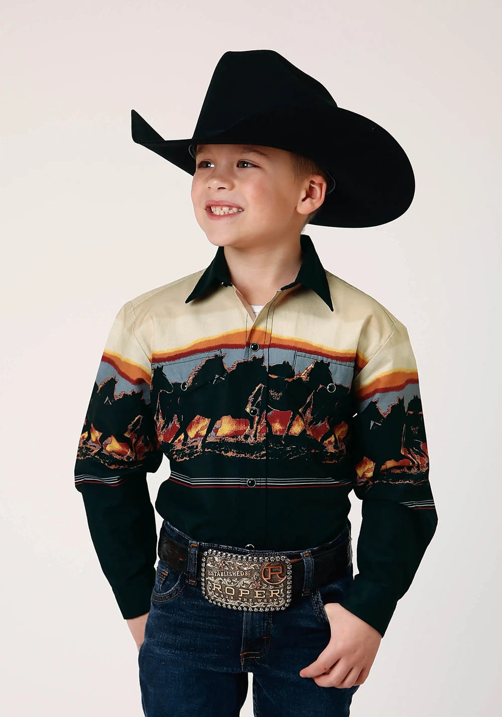 Roper Boys Long Sleeve Snap Scenic Horse Border Western Shirt - Roper