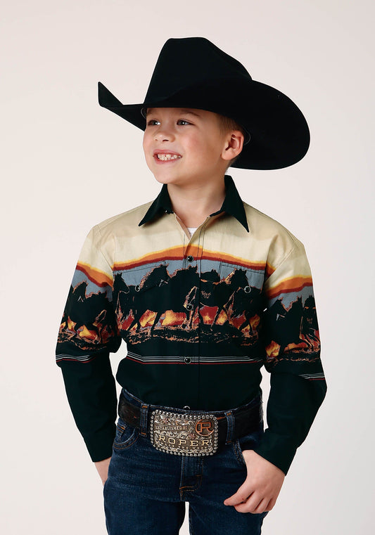 Roper Boys Long Sleeve Snap Scenic Horse Border Western Shirt - Roper
