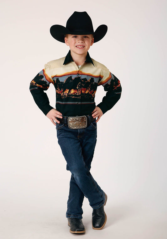 Roper Boys Long Sleeve Snap Scenic Horse Border Western Shirt - Roper