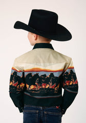 Roper Boys Long Sleeve Snap Scenic Horse Border Western Shirt - Roper