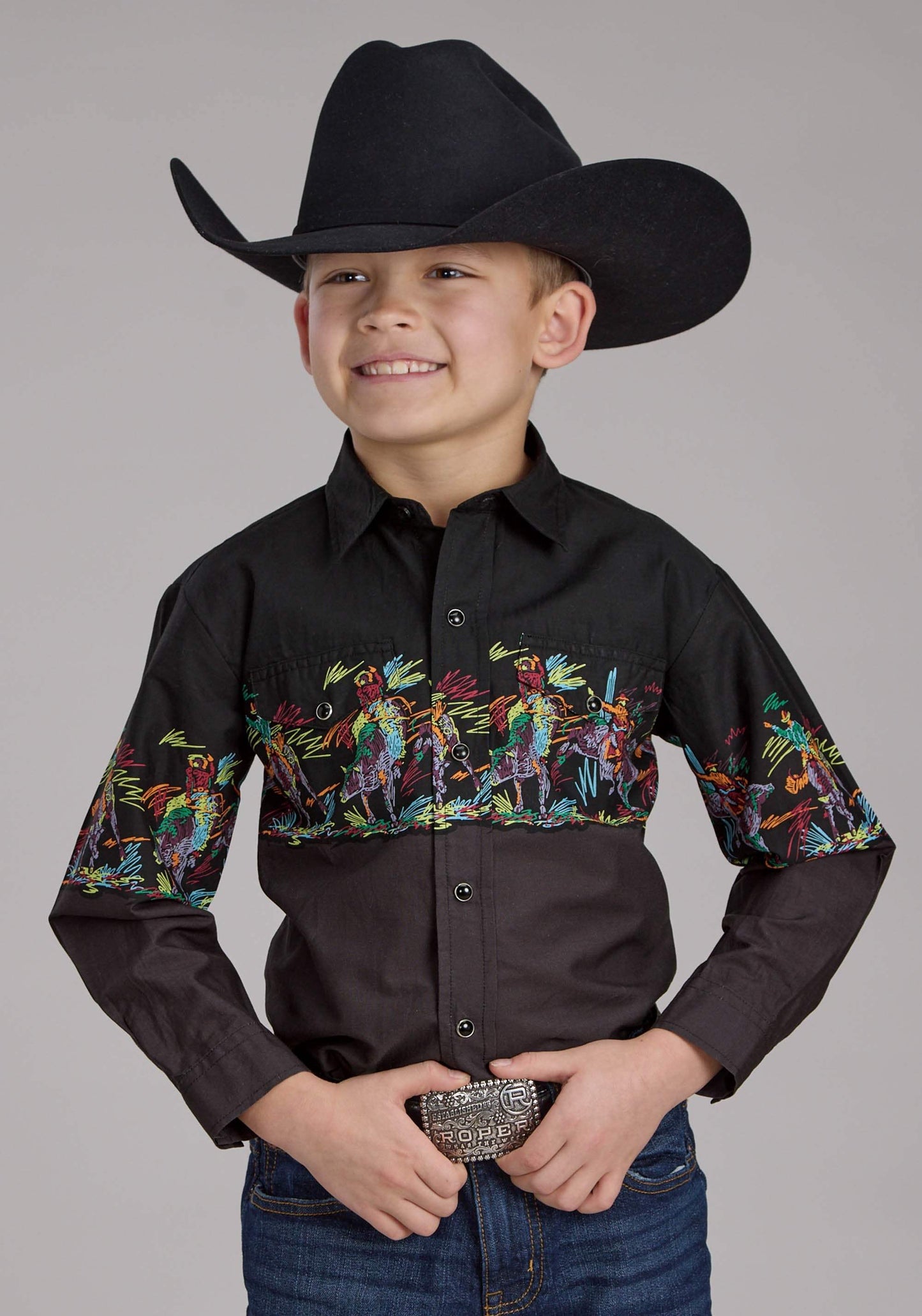 Roper Boys Scribble Bullriders Border Scenic Long Sleeve Snap Western Shirt - Roper - Flyclothing LLC