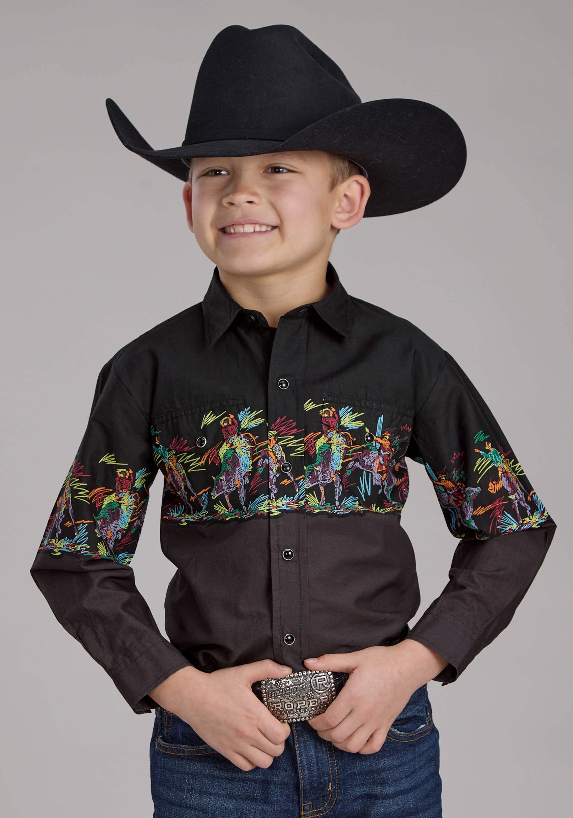 Roper Boys Scribble Bullriders Border Scenic Long Sleeve Snap Western Shirt - Roper - Flyclothing LLC