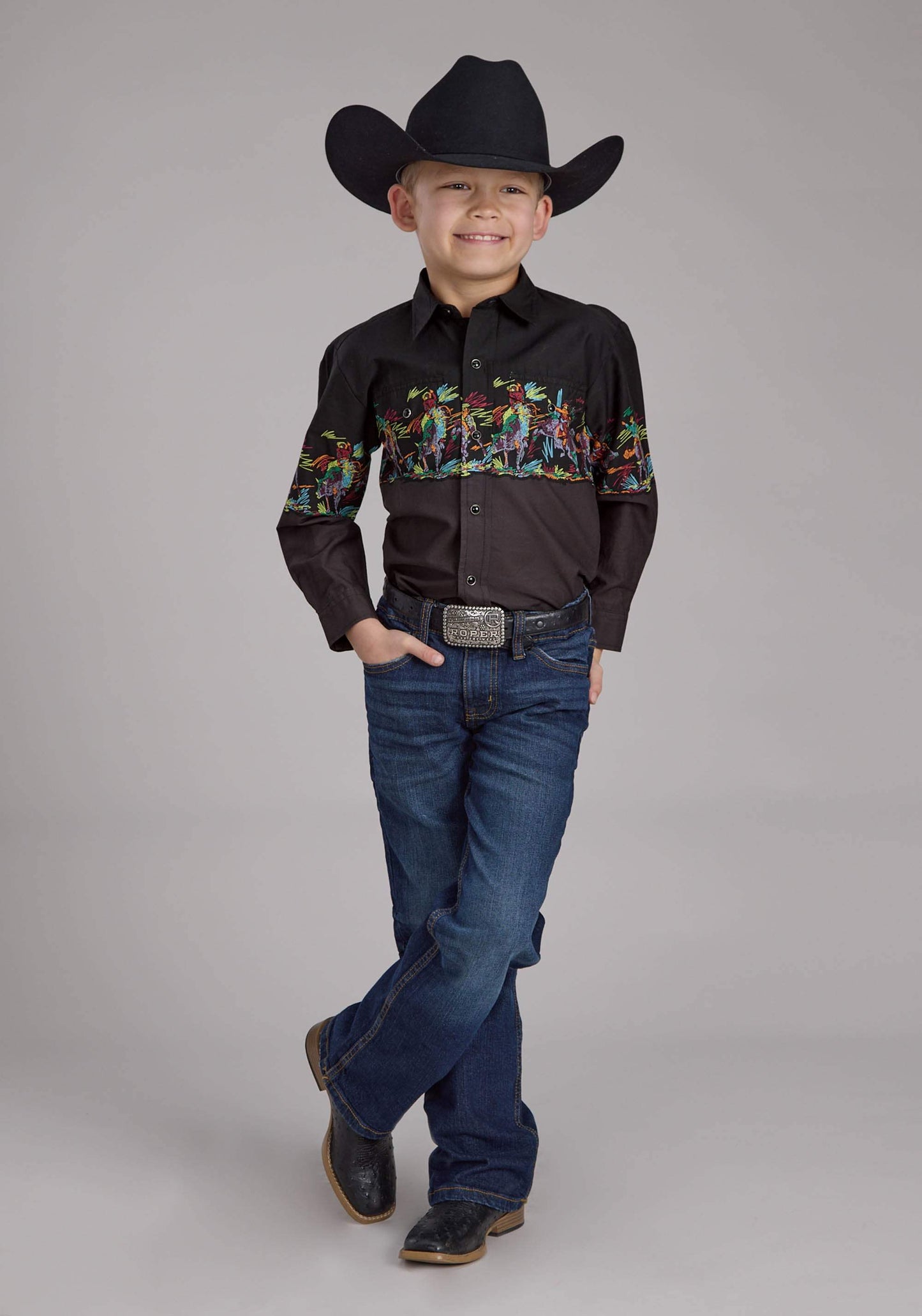 Roper Boys Scribble Bullriders Border Scenic Long Sleeve Snap Western Shirt - Roper - Flyclothing LLC