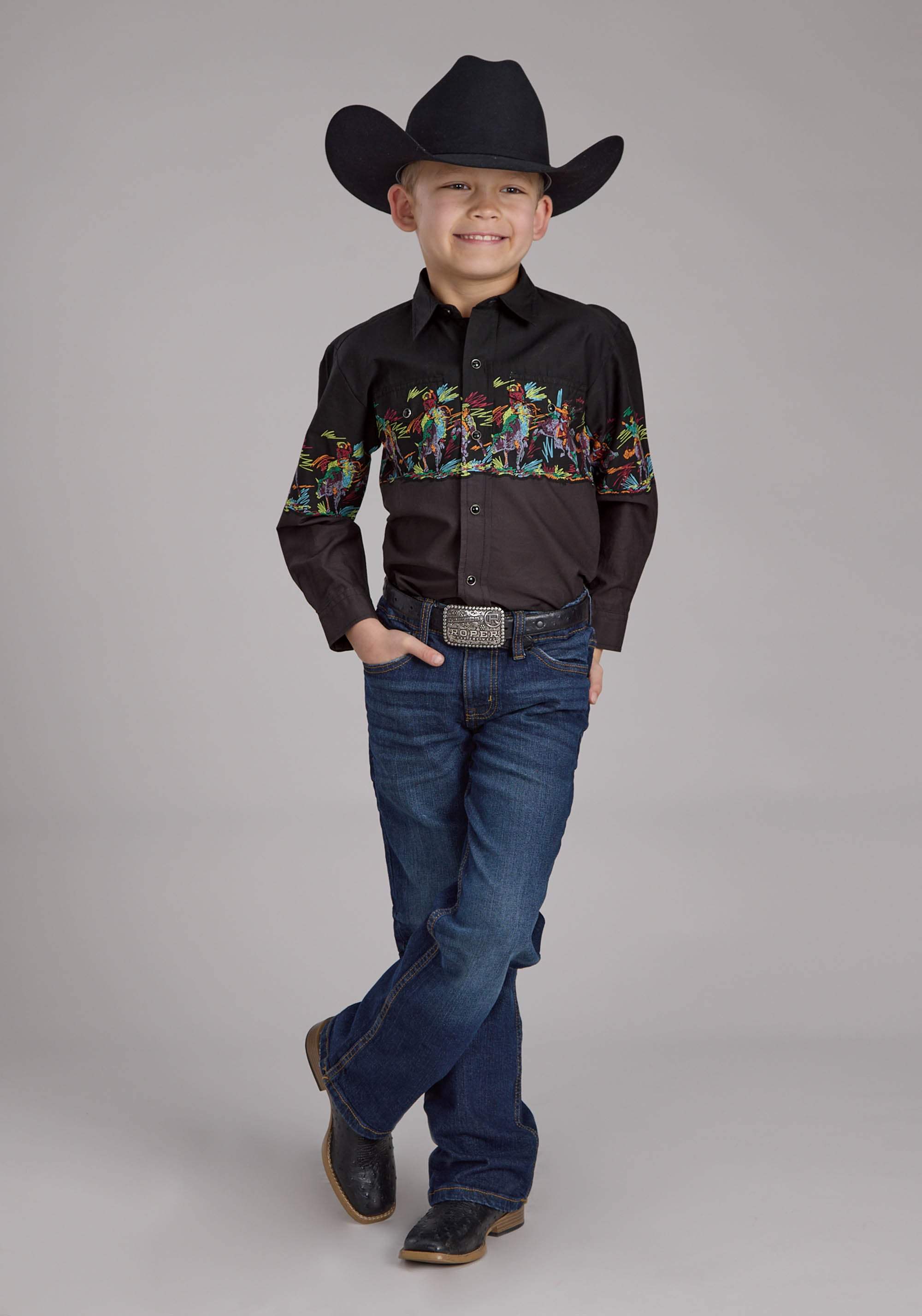 Roper Boys Scribble Bullriders Border Scenic Long Sleeve Snap Western Shirt - Roper - Flyclothing LLC