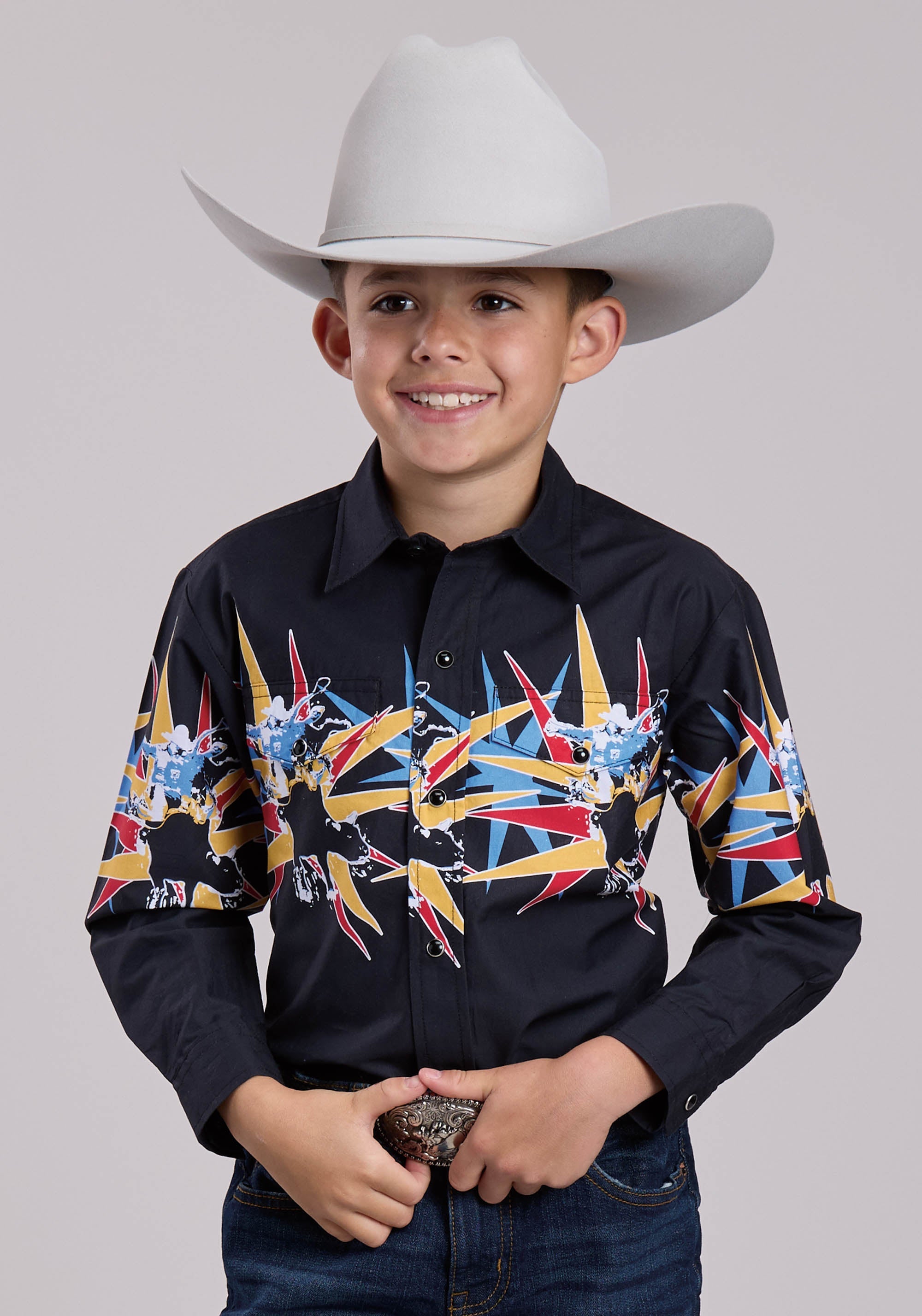 Boys Roper Star Bull Border Long Sleeve Snap Shirt