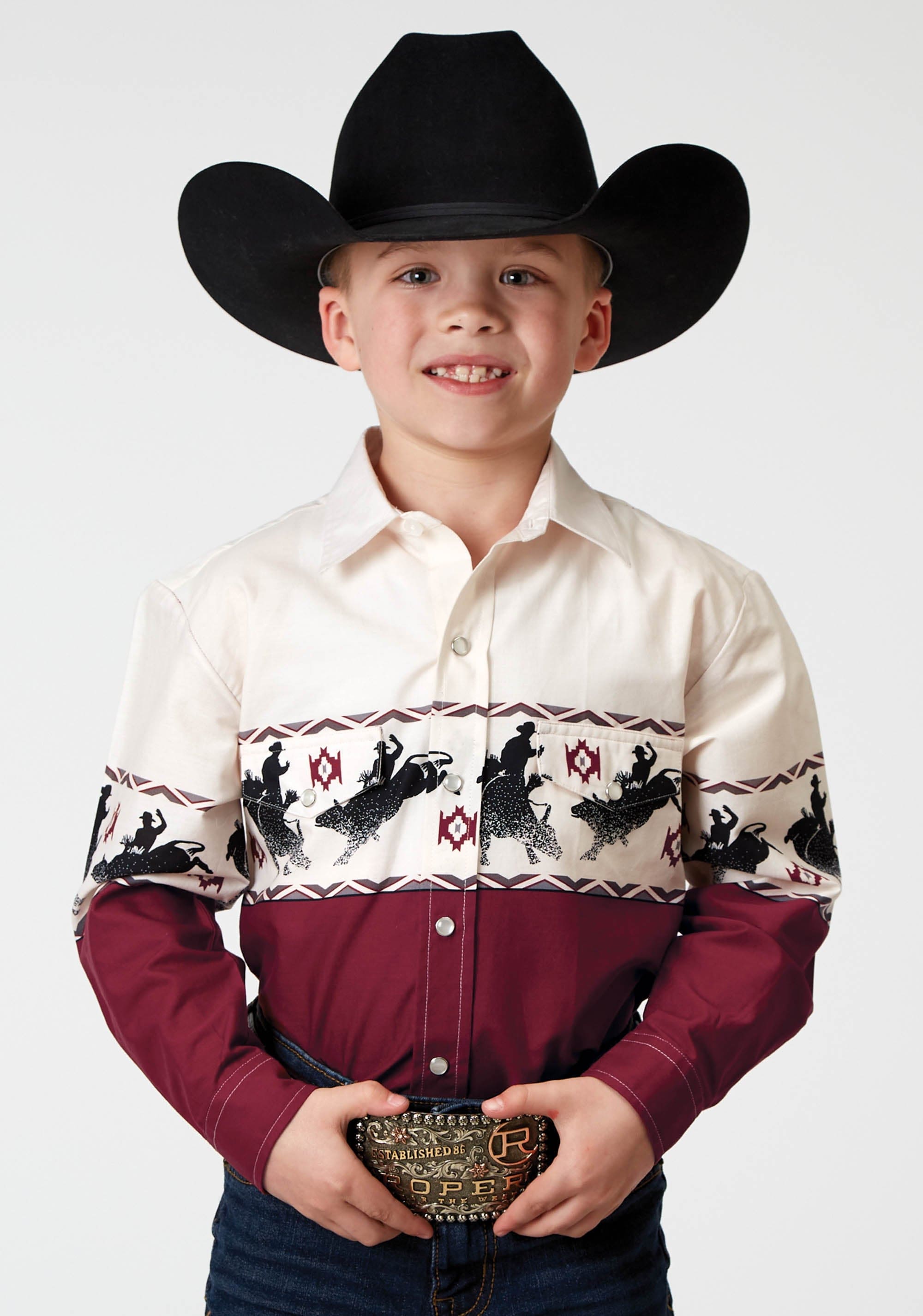 Roper Boys Long Sleeve Snap Bull Aztec Border Western Shirt - Roper