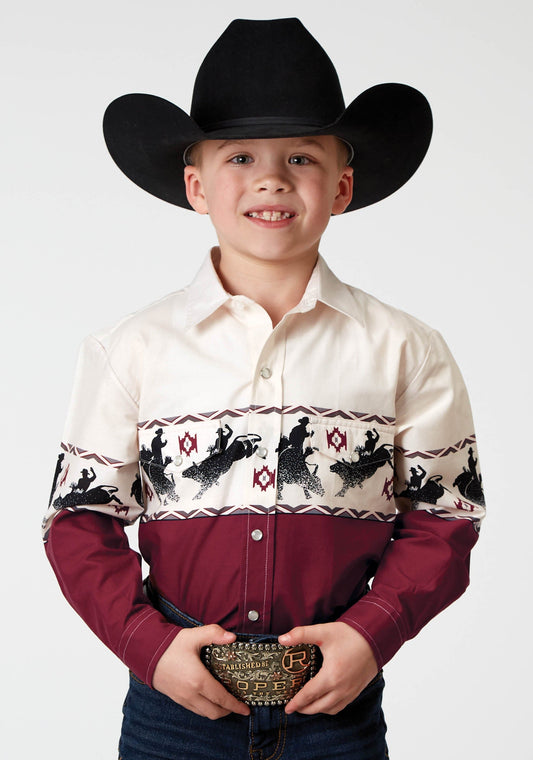 Roper Boys Long Sleeve Snap Bull Aztec Border Western Shirt - Roper