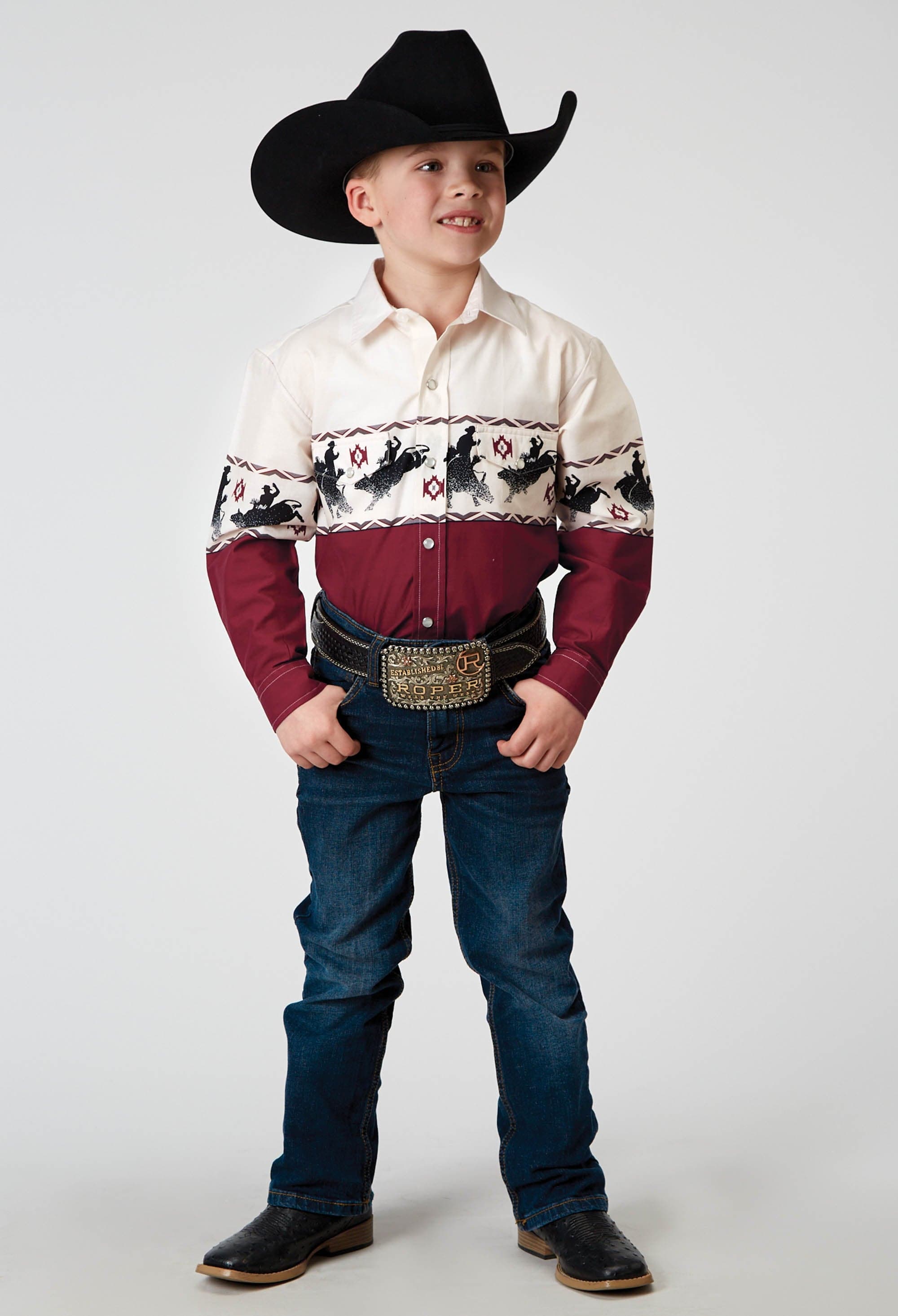 Roper Boys Long Sleeve Snap Bull Aztec Border Western Shirt - Roper