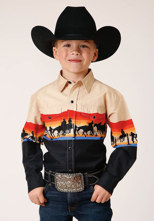 Roper Boys Long Sleeve Snap Days End Scenic Border Western Shirt - Roper