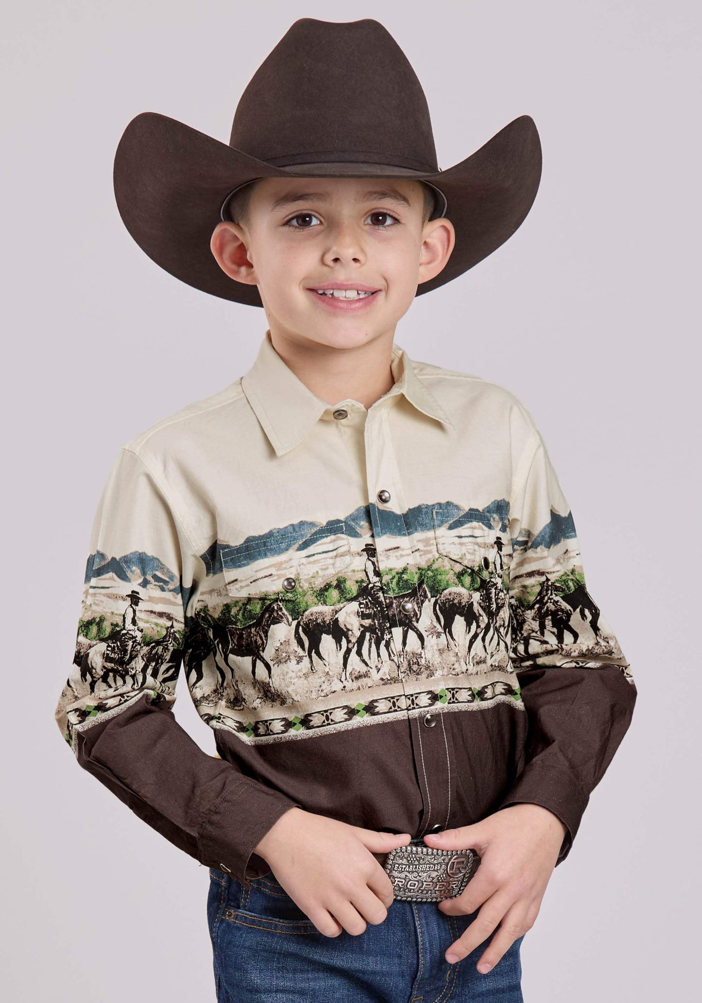Roper Boys Long Sleeve Snap Country Trails Scenic Border Western Shirt - Roper - Flyclothing LLC