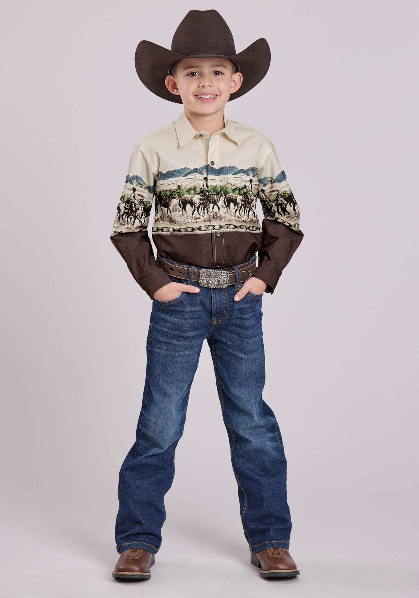 Roper Boys Long Sleeve Snap Country Trails Scenic Border Western Shirt - Roper - Flyclothing LLC
