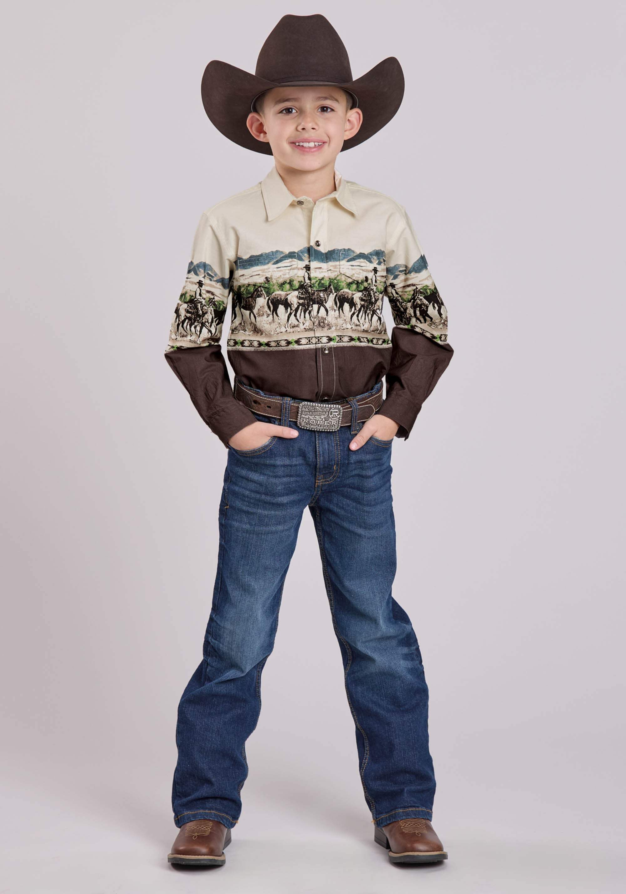 Roper Boys Long Sleeve Snap Country Trails Scenic Border Western Shirt - Roper - Flyclothing LLC