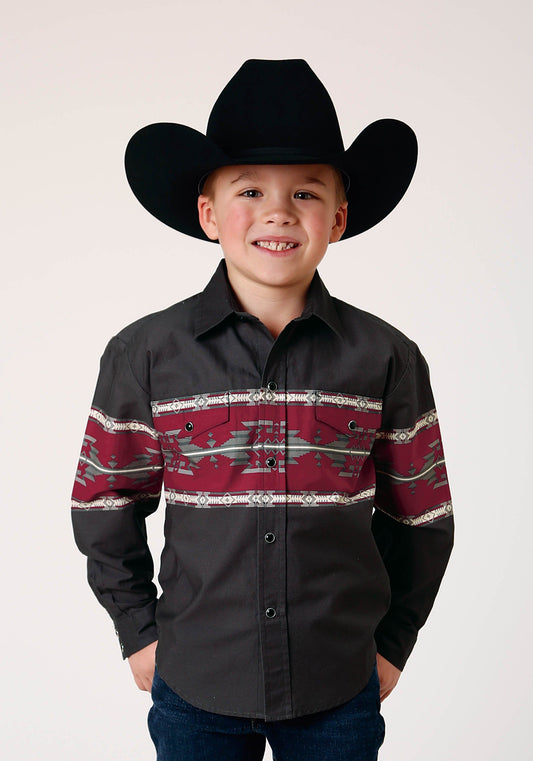 Roper Boys Long Sleeve Snap Aztec Border Western Shirt - Roper