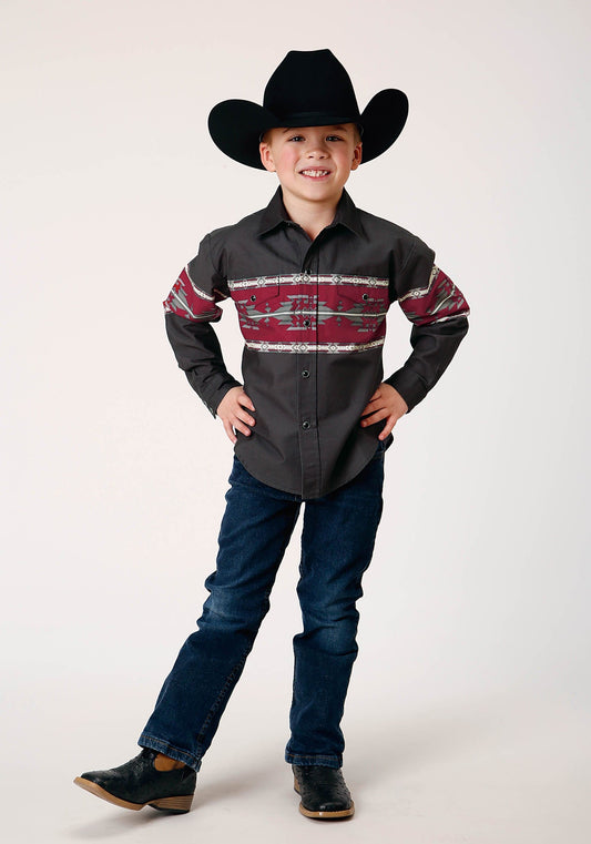 Roper Boys Long Sleeve Snap Aztec Border Western Shirt - Roper